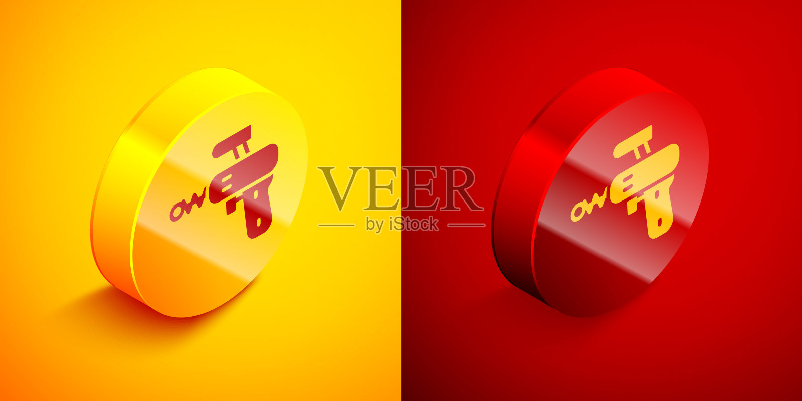 等距射线枪图标隔离在橙色和红色背景。激光武器。空间的导火线。圆按钮。向量插画图片素材