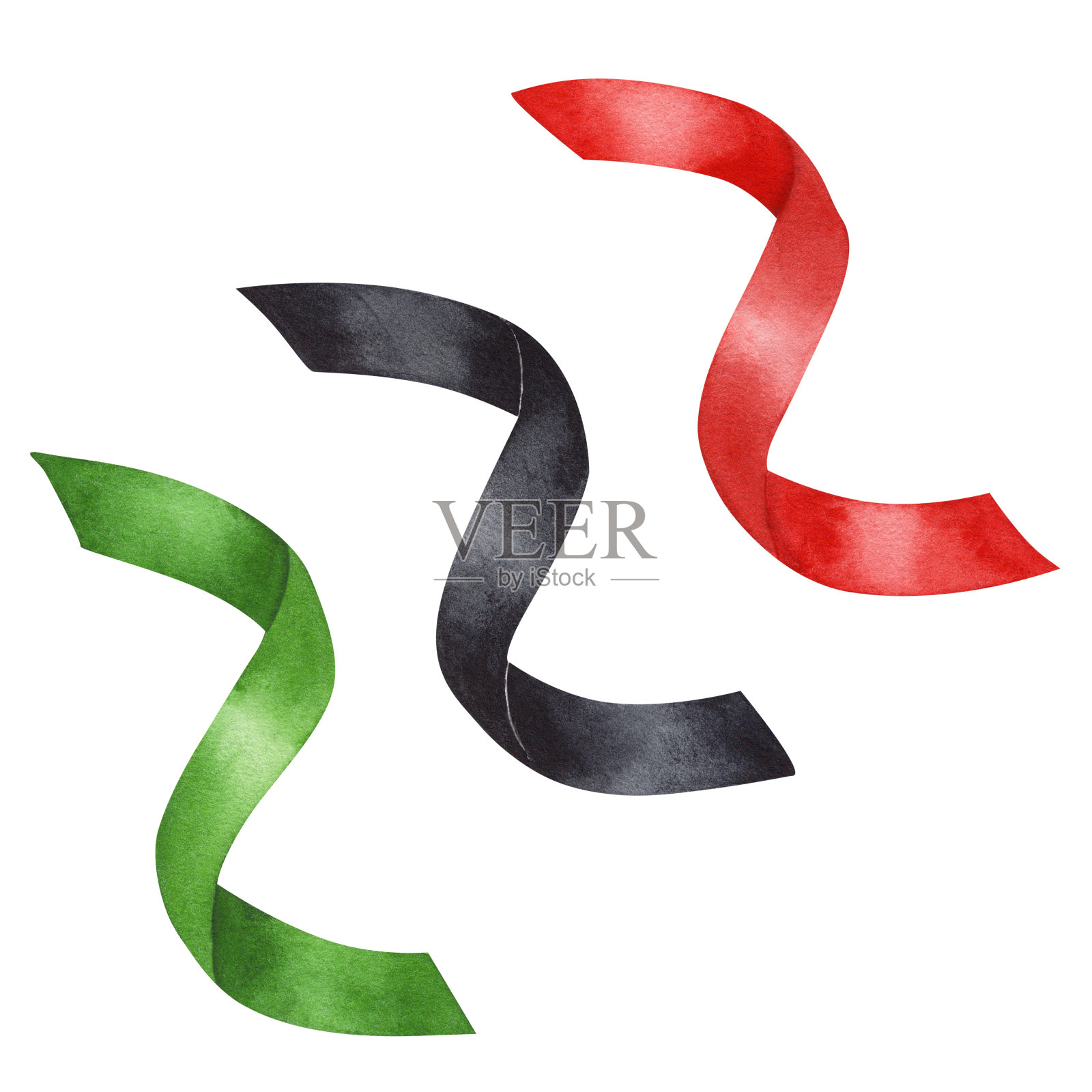 晚会彩带呈蛇形，彩带设置颜色:红、绿、黑。宽扎节、圣诞节、新年、生日。手绘水彩插图孤立的背景。插画图片素材