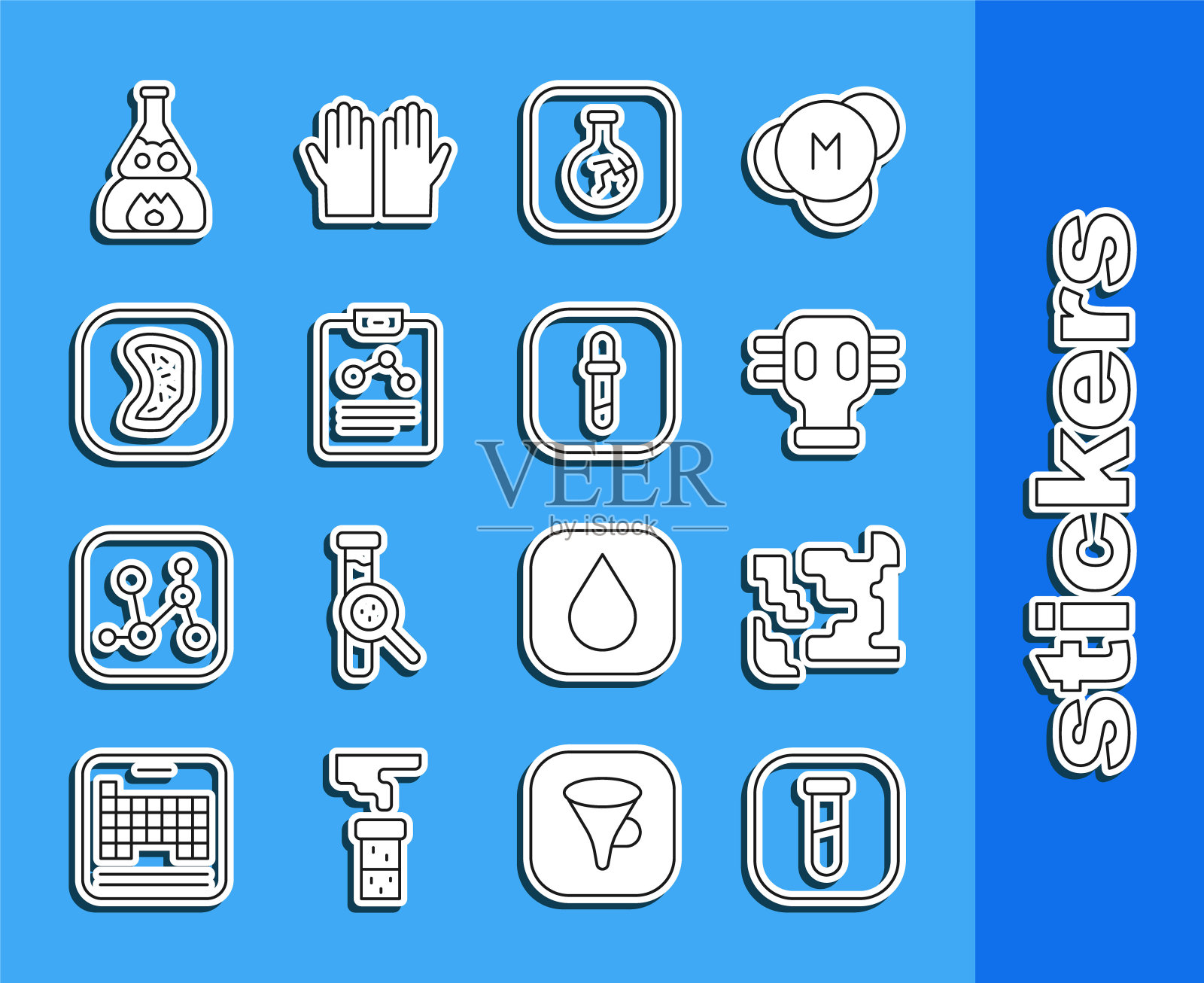 设置线试管和烧瓶，气体，面罩，裂纹，化学报告，细菌，在火和移液器图标。向量插画图片素材