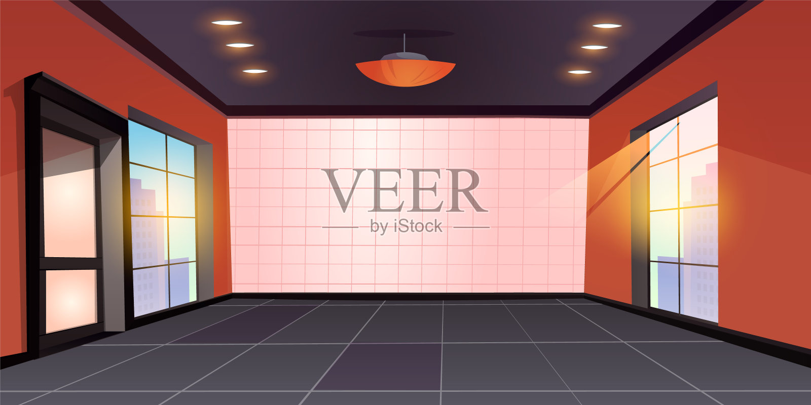 卡通空房间内部有地板和窗户插画图片素材