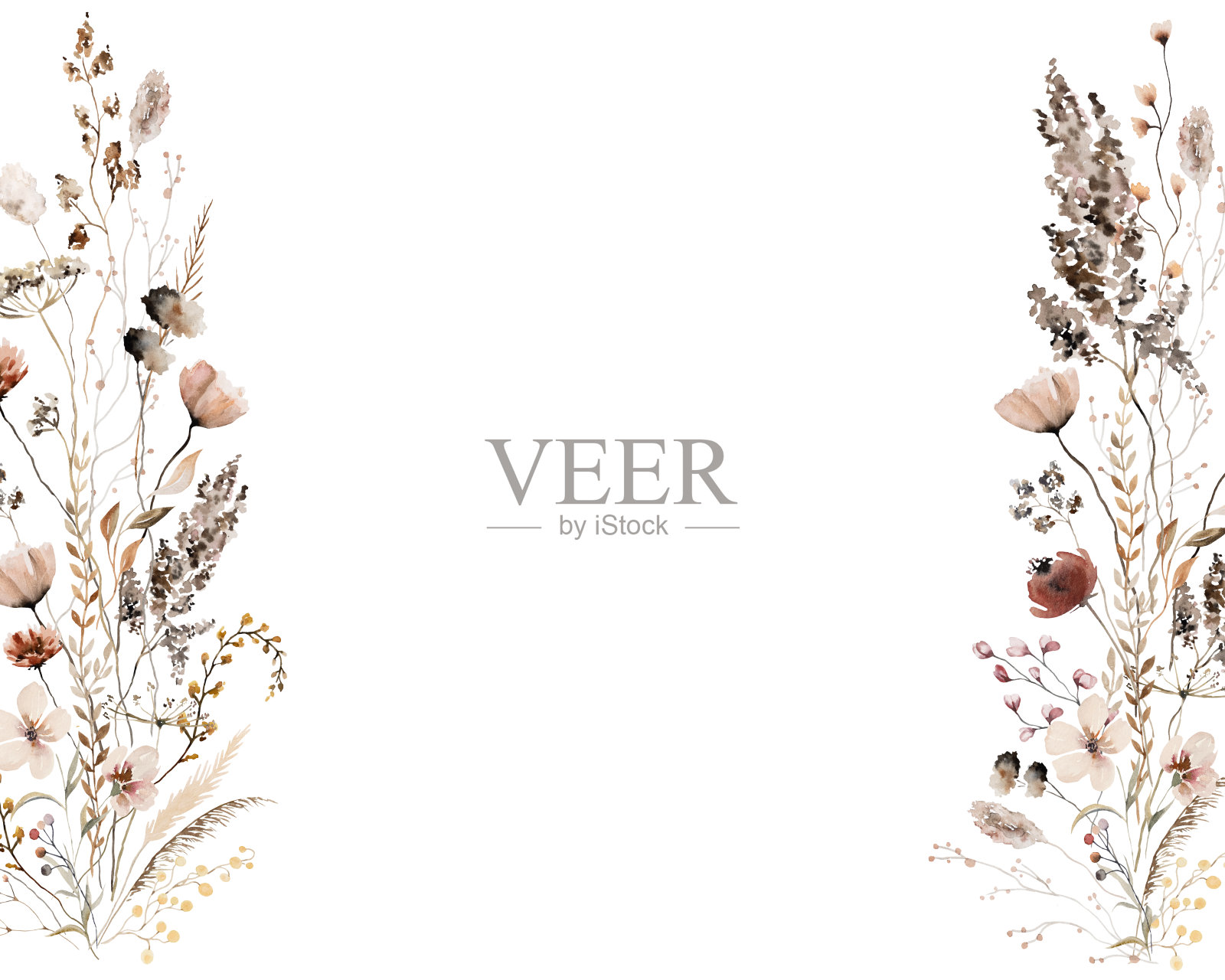 边界与水彩与秋天棕色的野花和树叶，婚礼插图插画图片素材