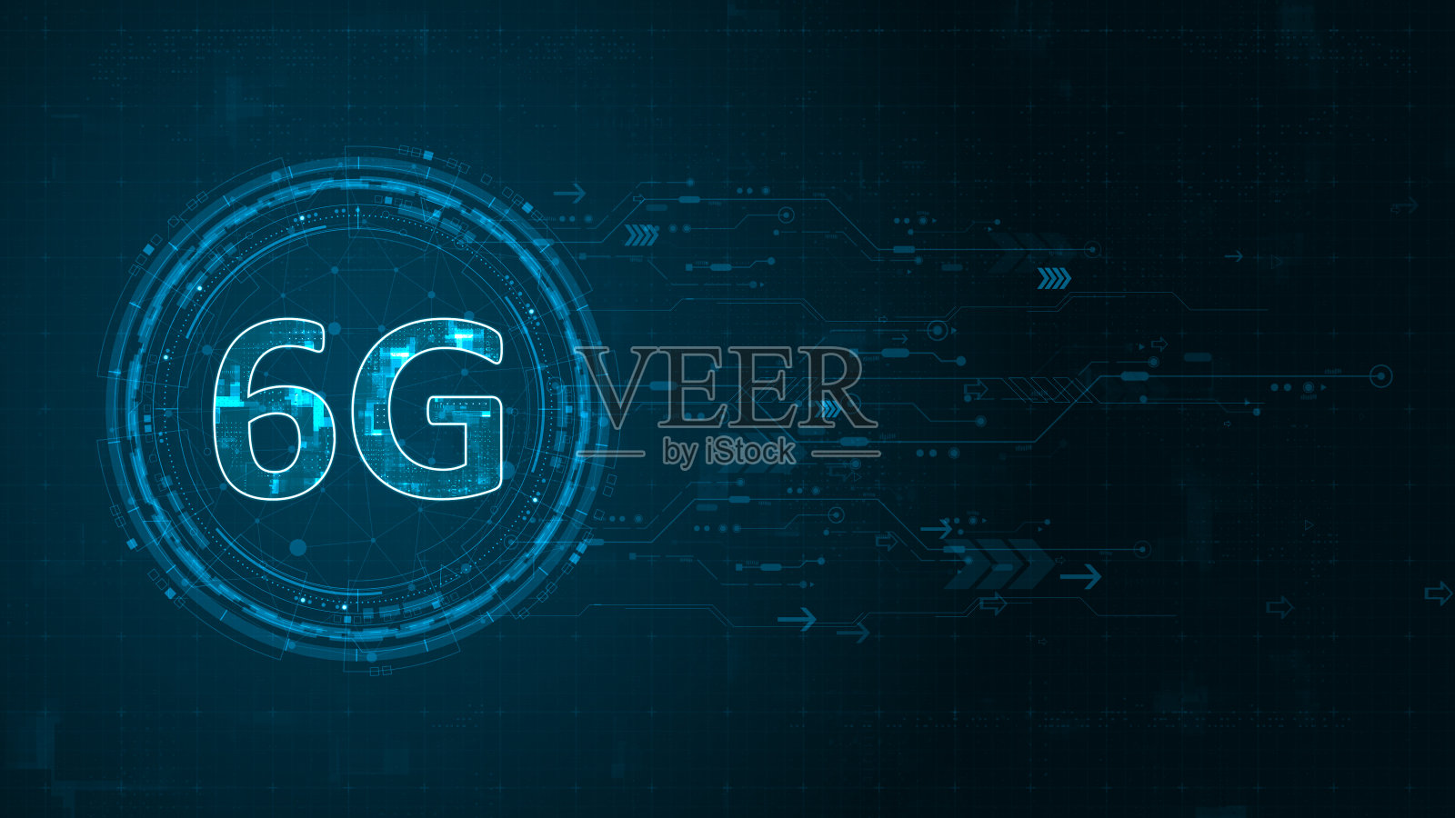 蓝色数字6G字母和圆圈未来主义HUD元素与流动箭头与生成连接技术概念在抽象的背景照片摄影图片