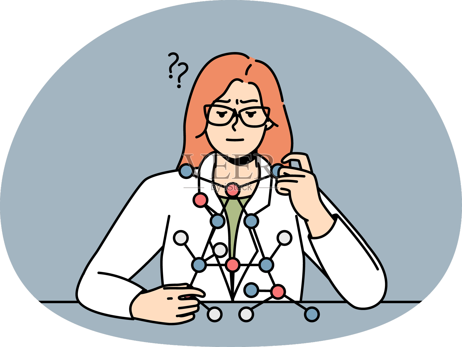 女科学家坐在桌前看着分子设计元素图片