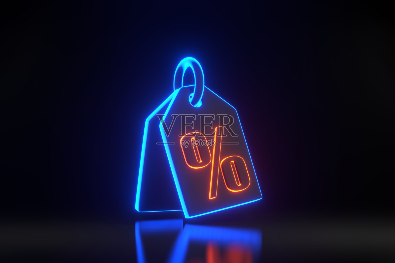 价格标签，标签，折扣券和百分比标志明亮发光未来的蓝色和橙色霓虹灯在黑色的背景照片摄影图片