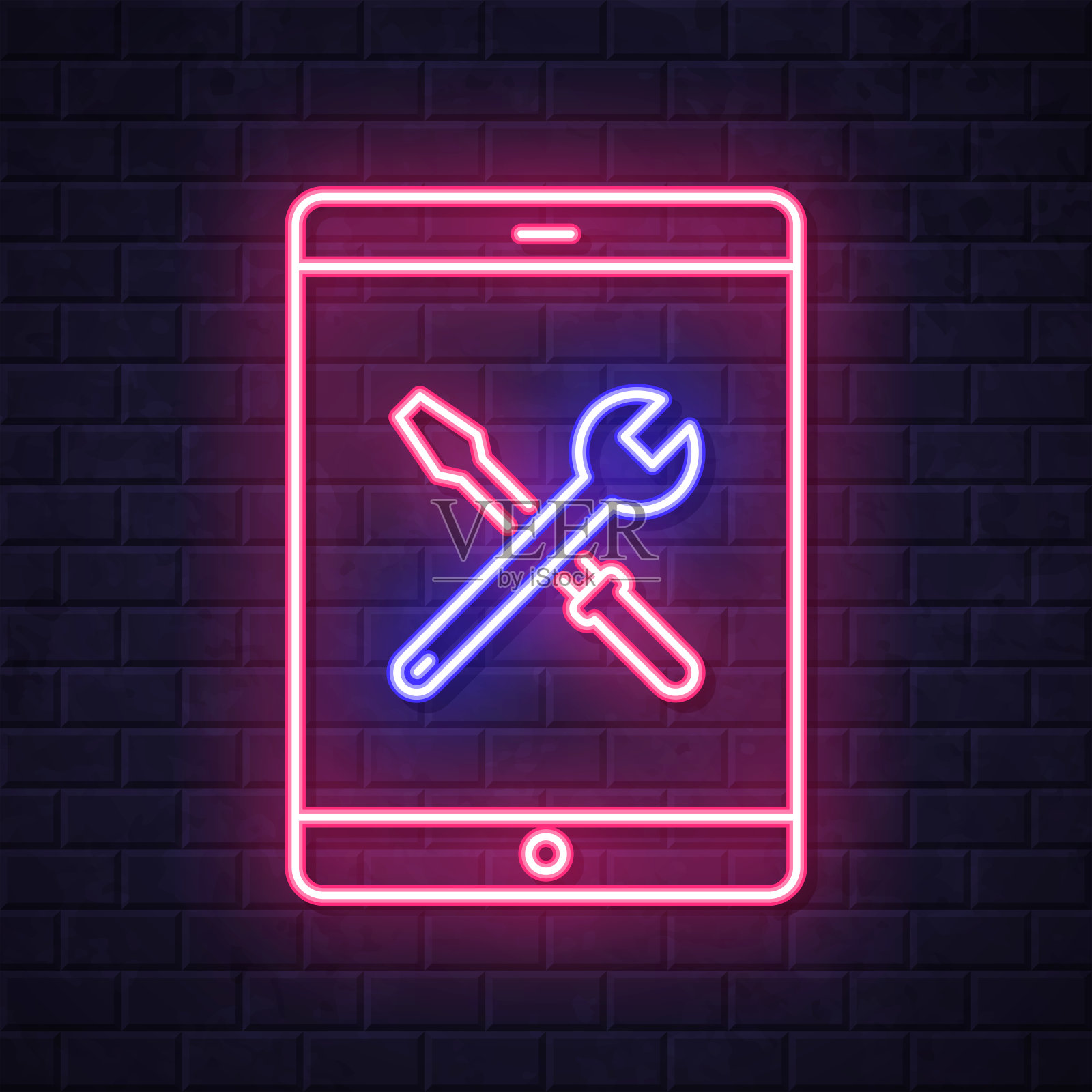 平板电脑设置-工具。在砖墙背景上发光的霓虹灯图标插画图片素材