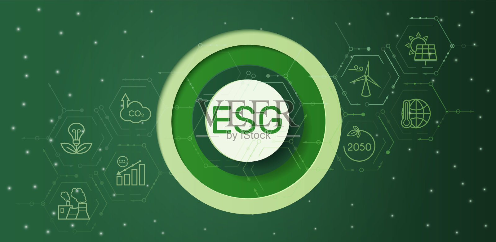 绿色六边形背景上的ESG横幅。插画图片素材