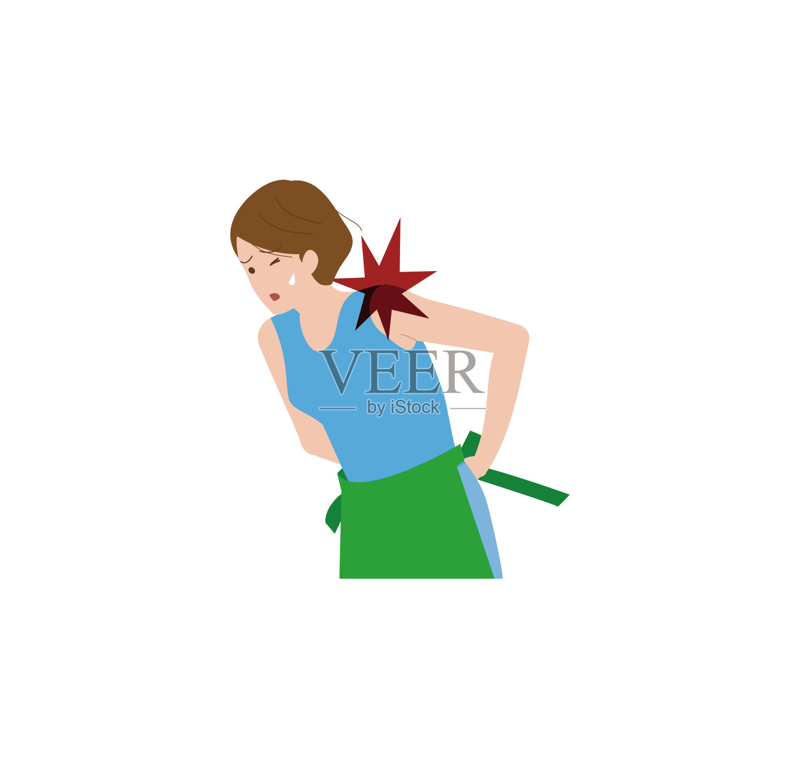 肩周炎，肩周炎。肩膀疼痛的女人。我系围裙的时候很疼。插画图片素材