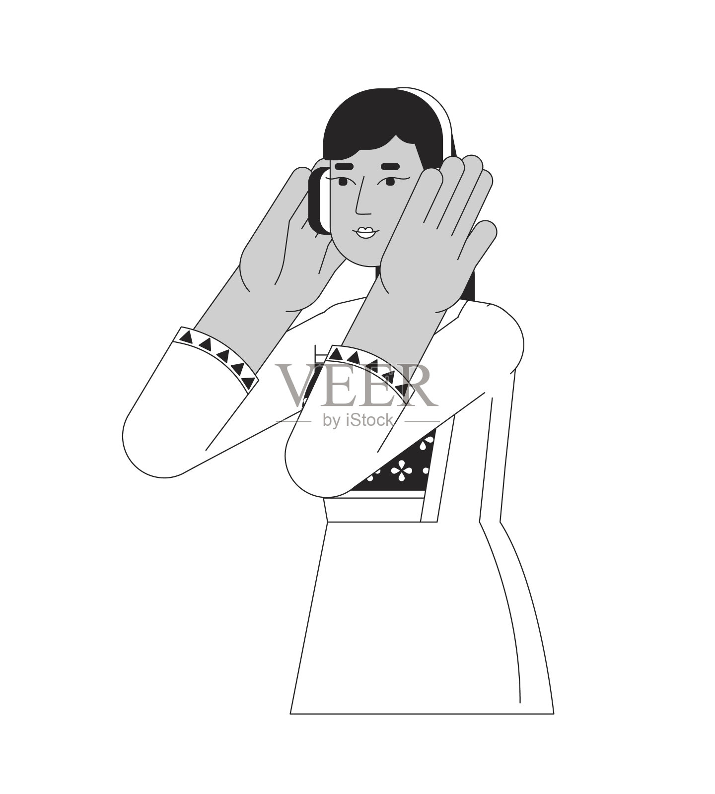 耳机印度年轻成年女性黑白2D线卡通人物插画图片素材