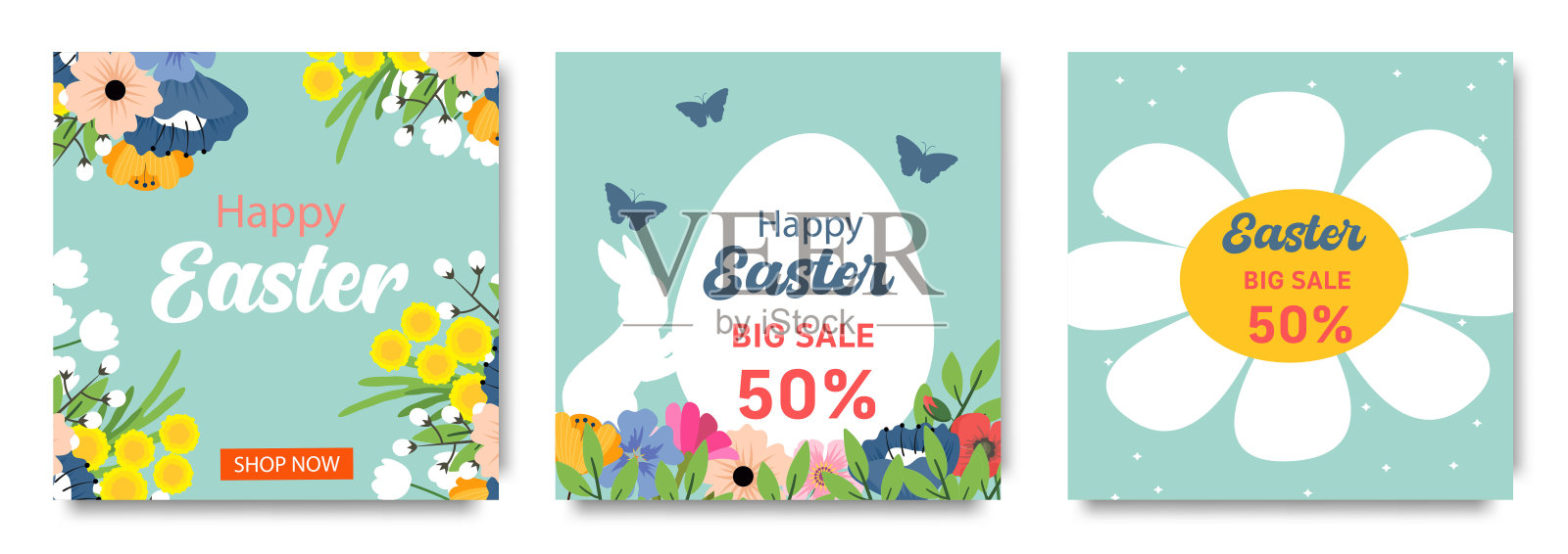 一套时髦的复活节促销海报与彩绘彩蛋，春花和兔子。春天的背景，封面，销售横幅，传单设计。模板广告，网络，社交媒体插画图片素材