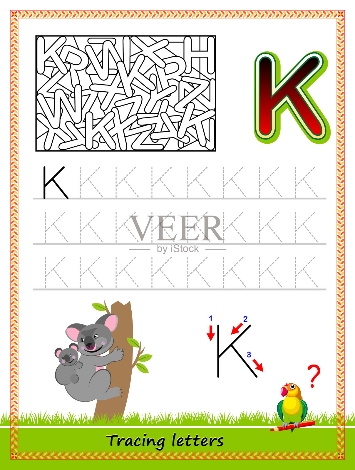 描摹字母的工作表。找出并画出所有字母k。教育页儿童涂色书。培养写作技能，追踪ABC。在线教育。插画图片素材