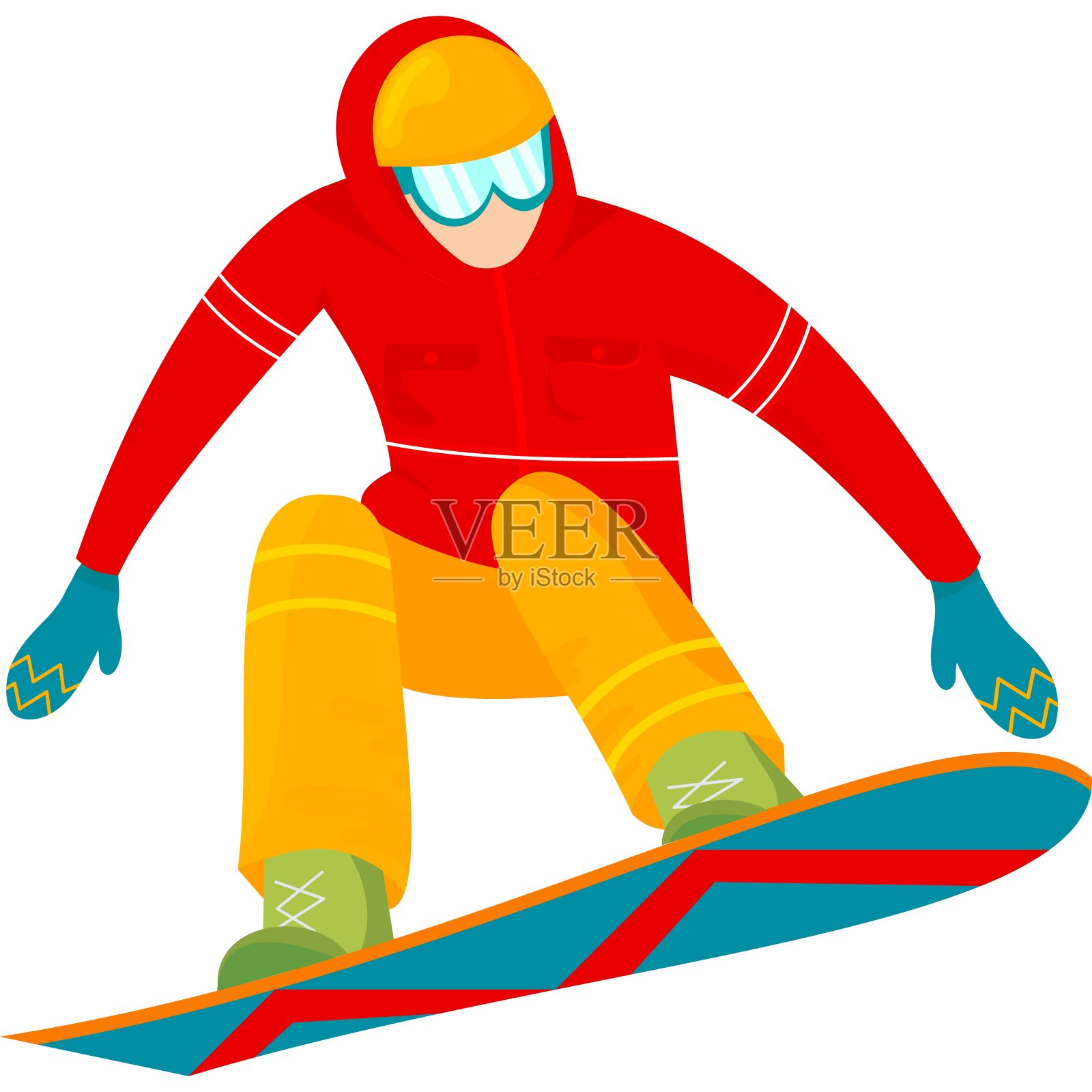 一个滑雪板运动员穿着鲜艳的红色夹克和黄色裤子在雪道上飞驰插画图片素材