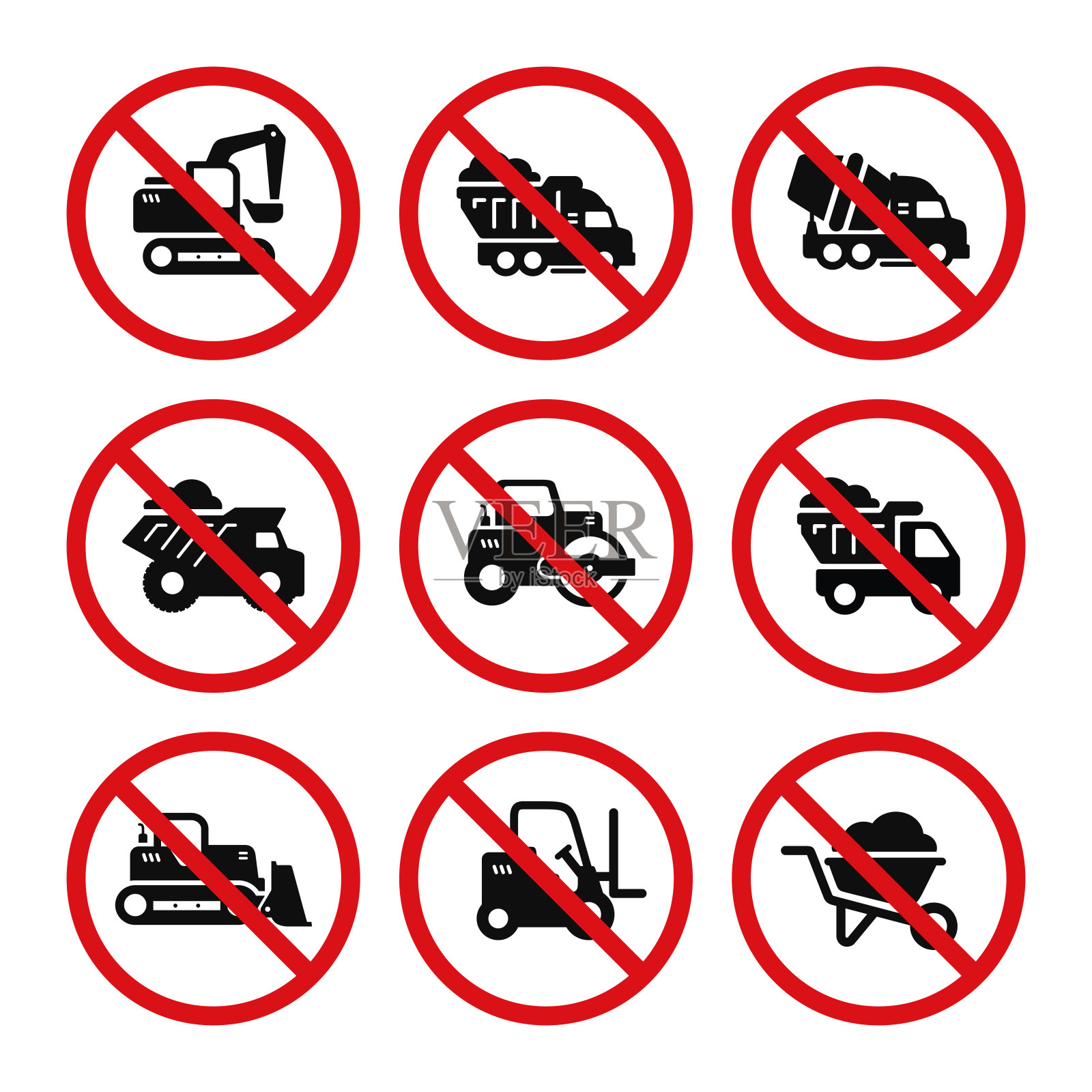 禁止重型机械符号集合向量。没有重型机械标志符号集向量插画图片素材