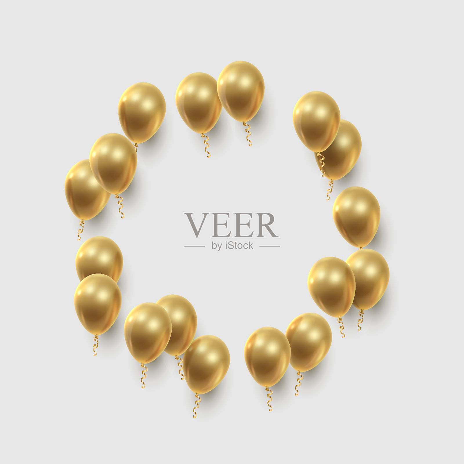 模板在现实的金色气球圈，丝带在白色的背景。矢量插图卡片，聚会，设计，传单，海报，装饰，横幅，网络，广告插画图片素材