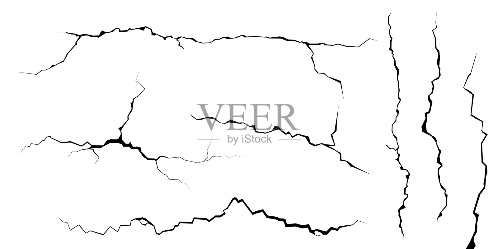 地表裂缝、地面裂缝、混凝土裂缝。在白色背景上孤立的地震造成的地表断裂。破碎地面、墙面、玻璃图案效果。损害插画图片素材