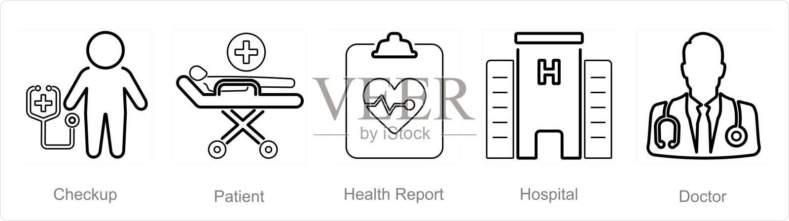 一组5个健康检查图标，如检查、患者、健康报告插画图片素材
