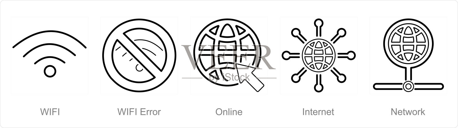 一组5个Internet电脑图标为wifi, wifi出错，在线插画图片素材