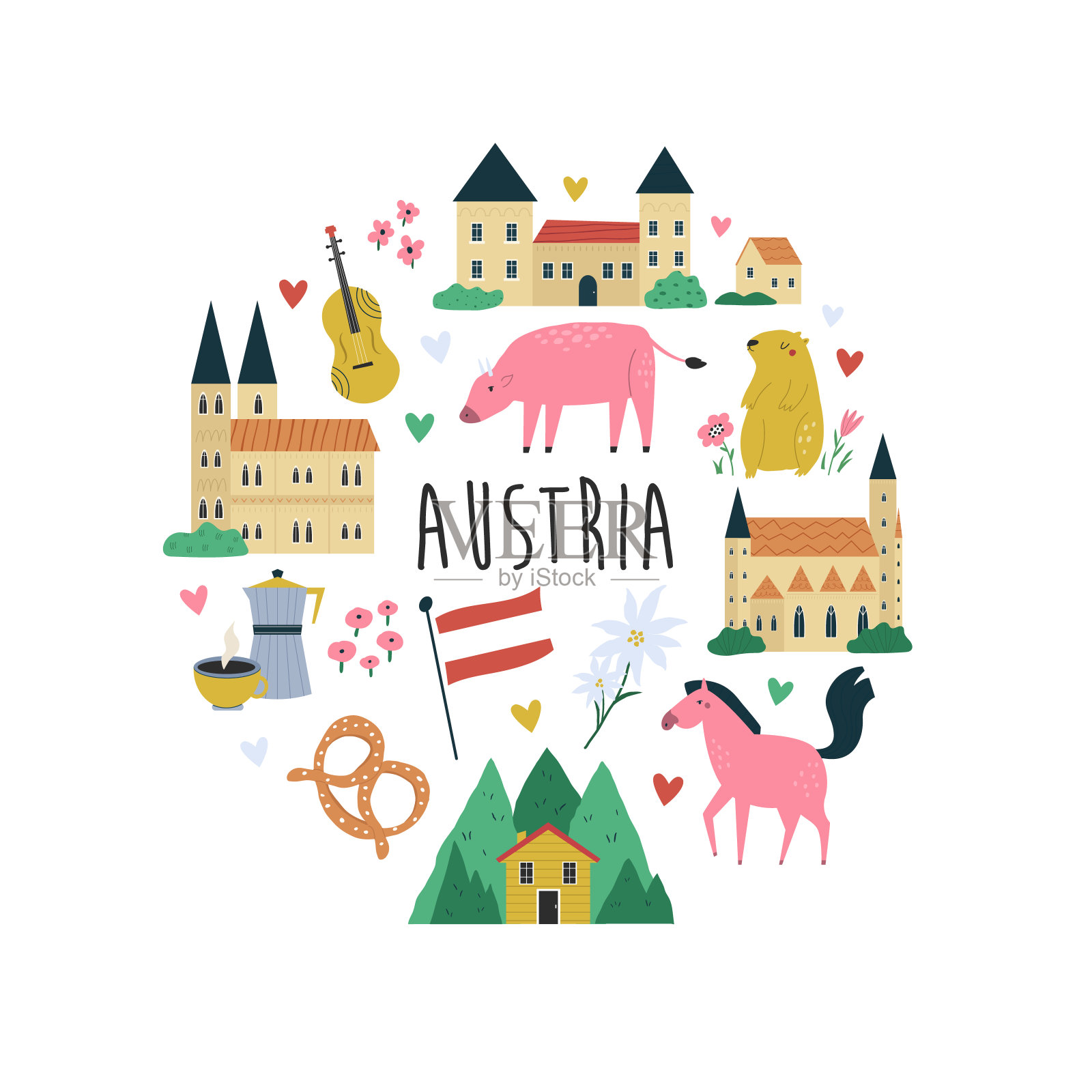 色彩缤纷的构图，设计有奥地利著名的标志、地标插画图片素材