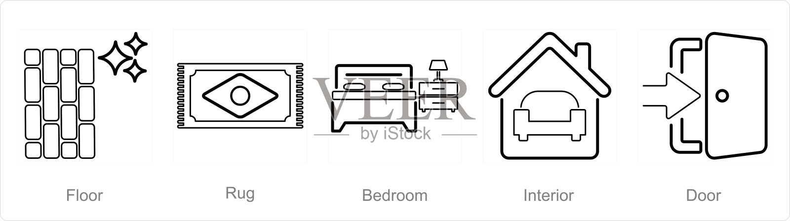 一套5个家庭室内图标作为地板，地毯，卧室插画图片素材