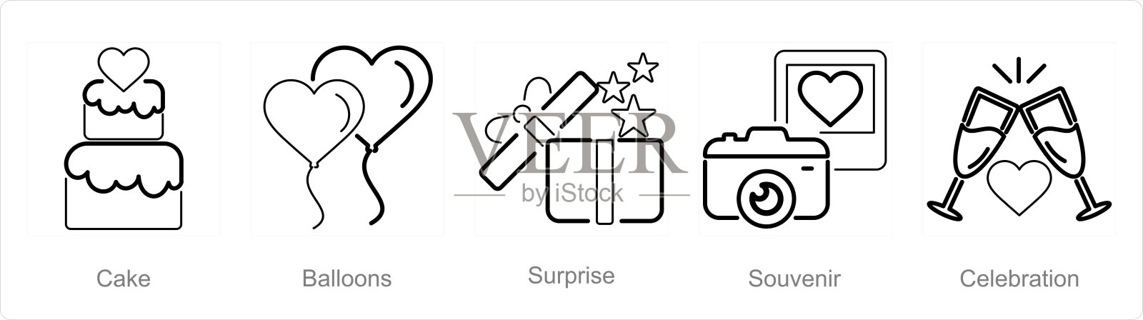 一套5个蜜月图标作为蛋糕，气球，惊喜插画图片素材