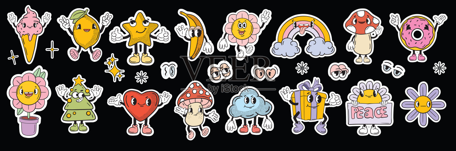复古groovy贴纸贴片集，复古有趣的吉祥物角色套件矢量卡通有趣的花。插画图片素材