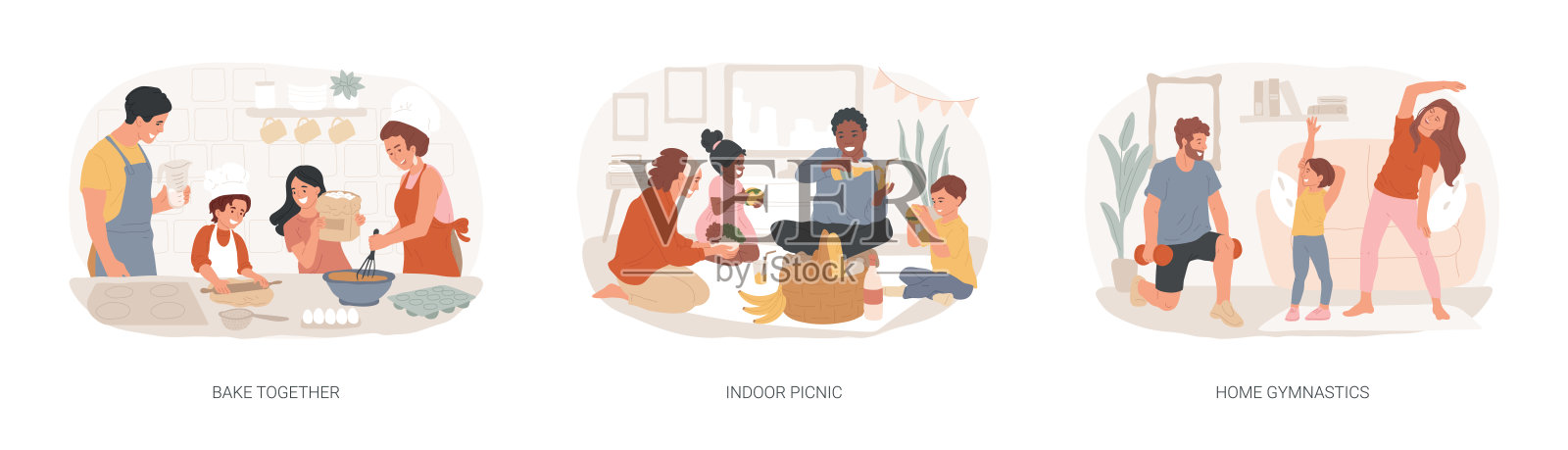 家庭乐趣在检疫隔离的概念矢量插图集。插画图片素材