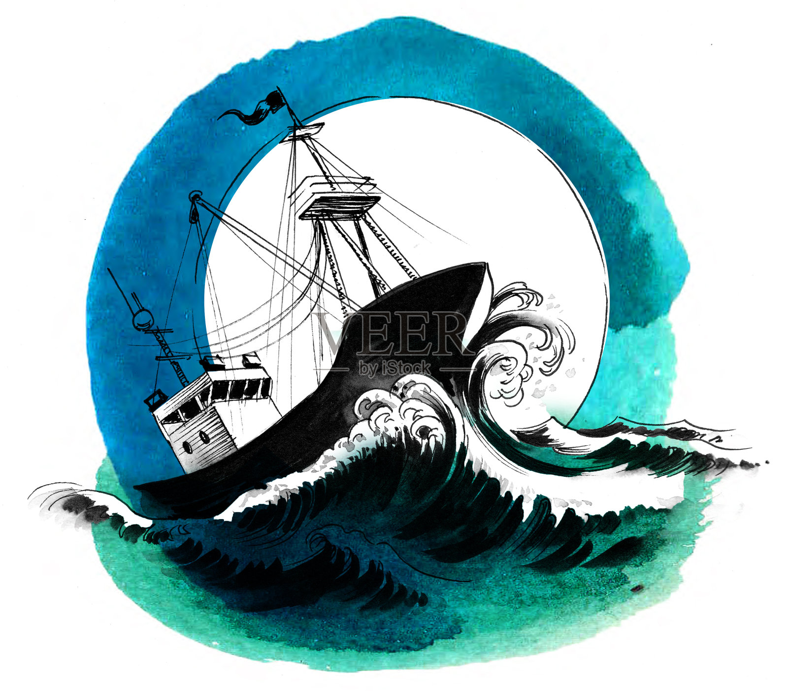 海上的拖网渔船插画图片素材