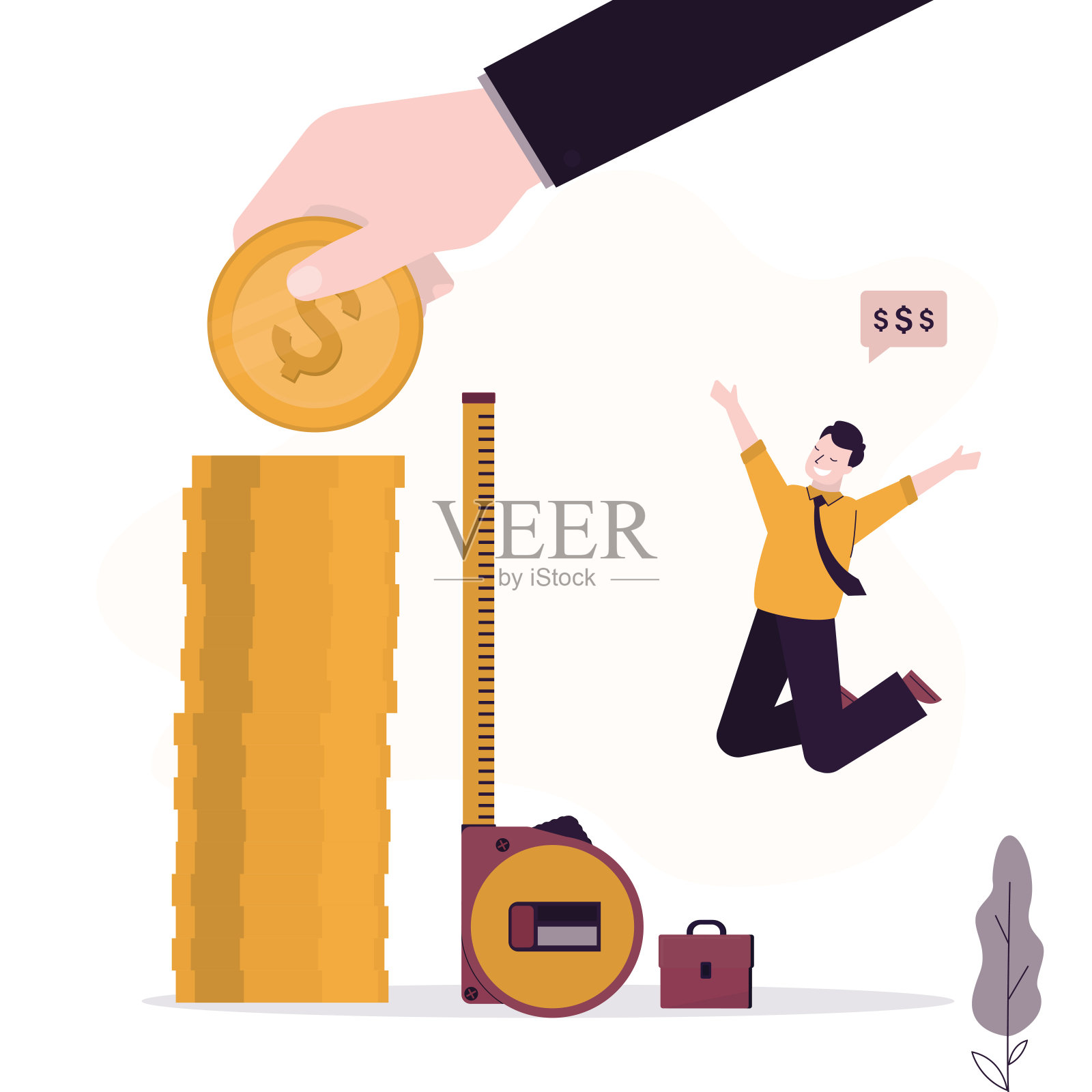 商人投资者用卷尺测量钱币堆叠高度，投资测量，投资回报率，投资回报率。插画图片素材