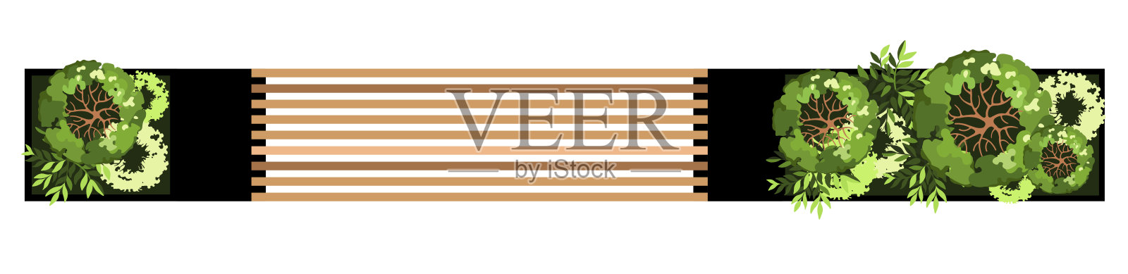 长凳俯视图为建筑景观平面图。有树和绿色的长凳。随行人员设计。向量。插画图片素材