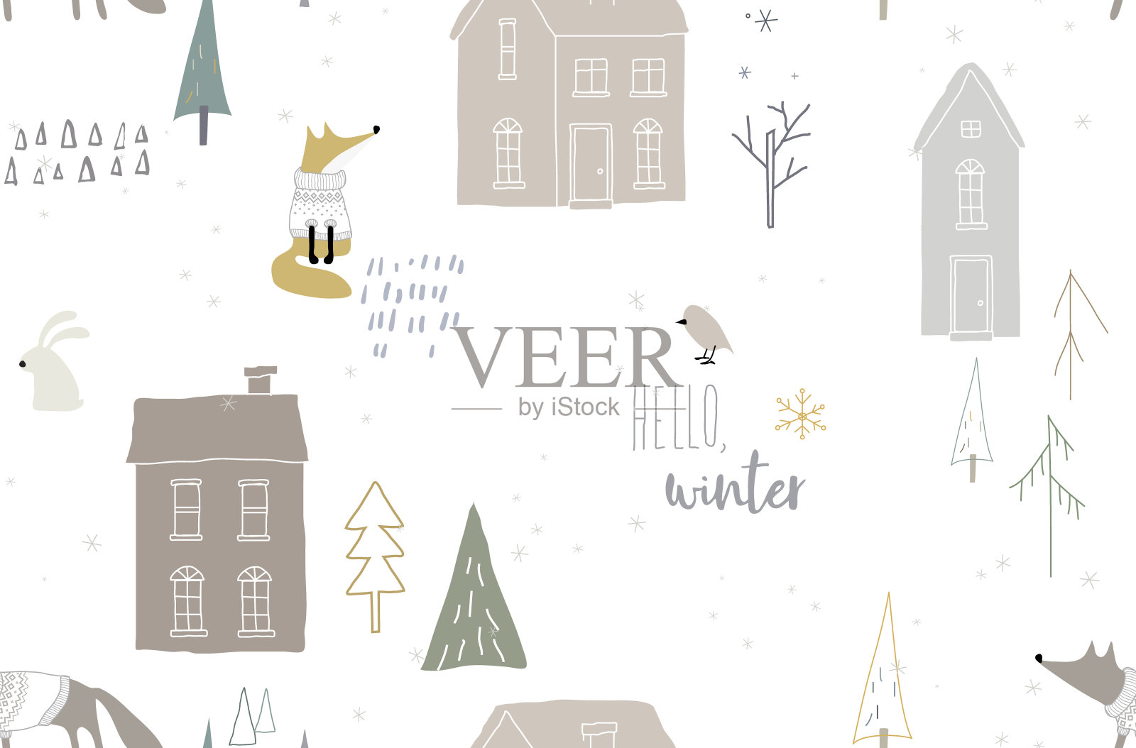 无缝冬季图案与房屋和狐狸在森林里插画图片素材