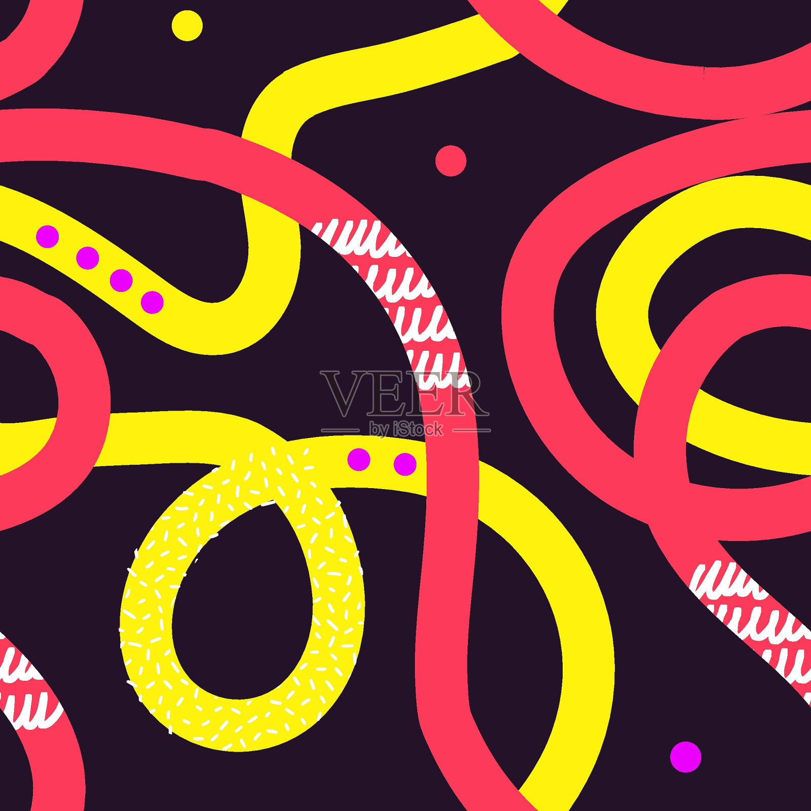 天真的无缝弯曲图案与明亮的霓虹波浪线在黑暗的背景。具有纹理的创造性抽象潦草风格绘画背景。插画图片素材