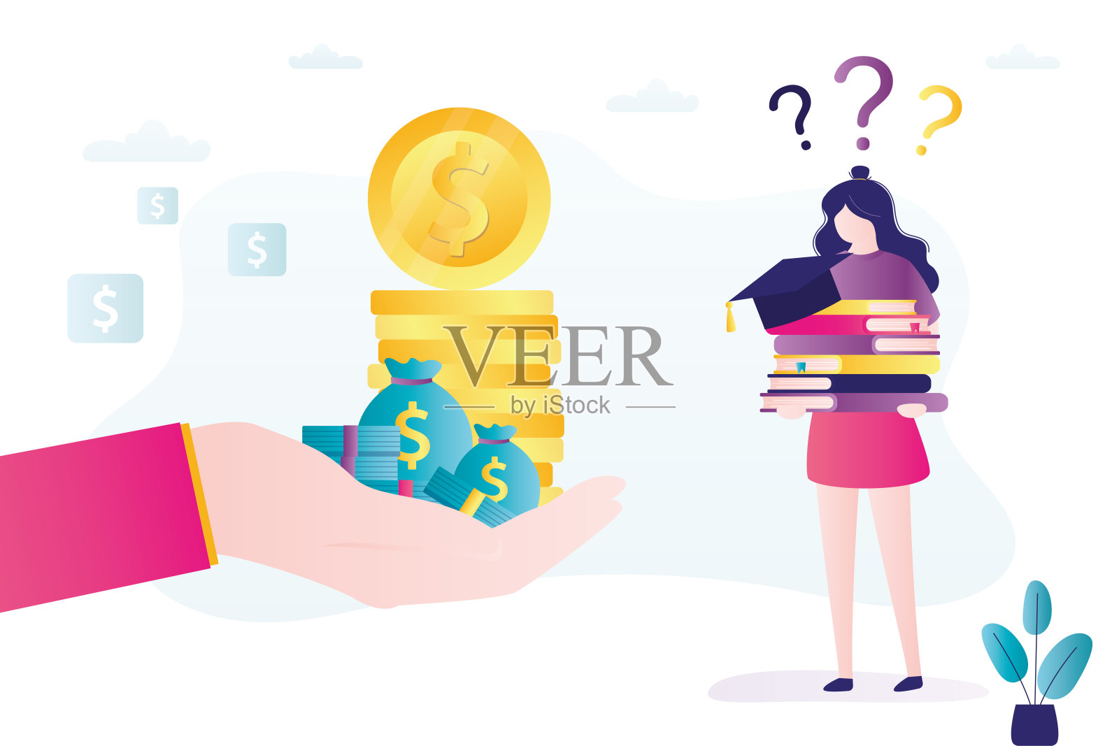 可怜的女学生拿着课本，戴着毕业帽。银行家为学生提供教育贷款。教育成本高的问题。高等教育的可获得性。插画图片素材