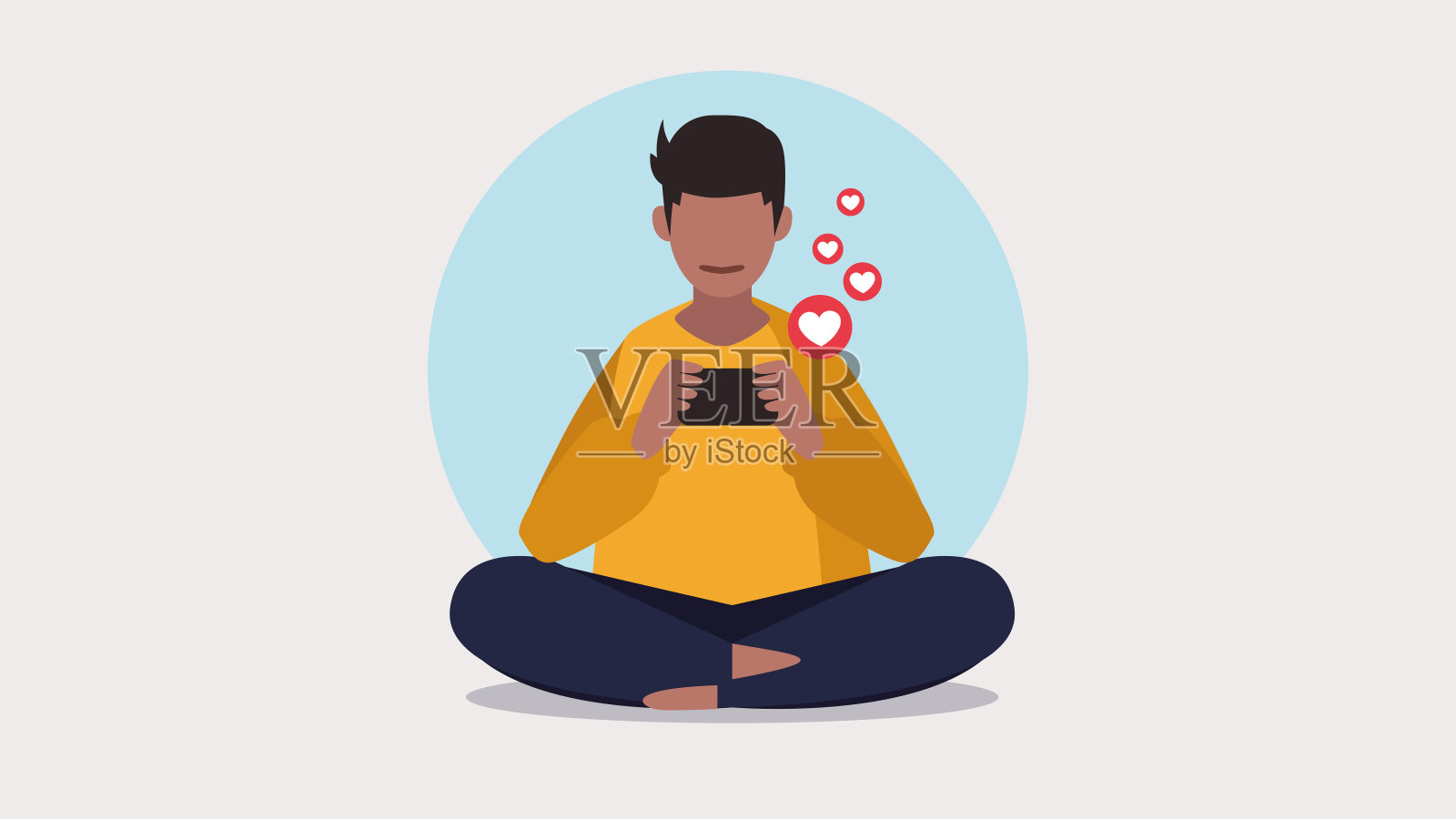 一个放松的人用智能手机享受其社交媒体喜欢的矢量插图-社交媒体概念插画图片素材