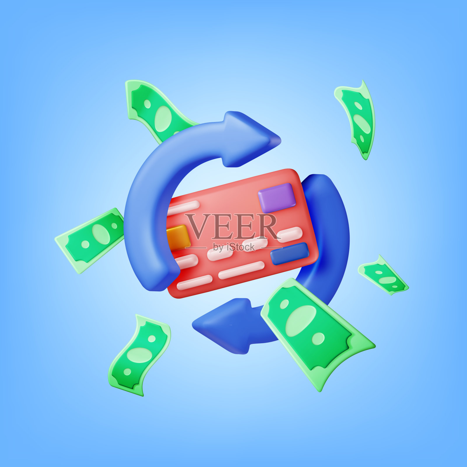 3D圆箭头与银行卡和美元插画图片素材