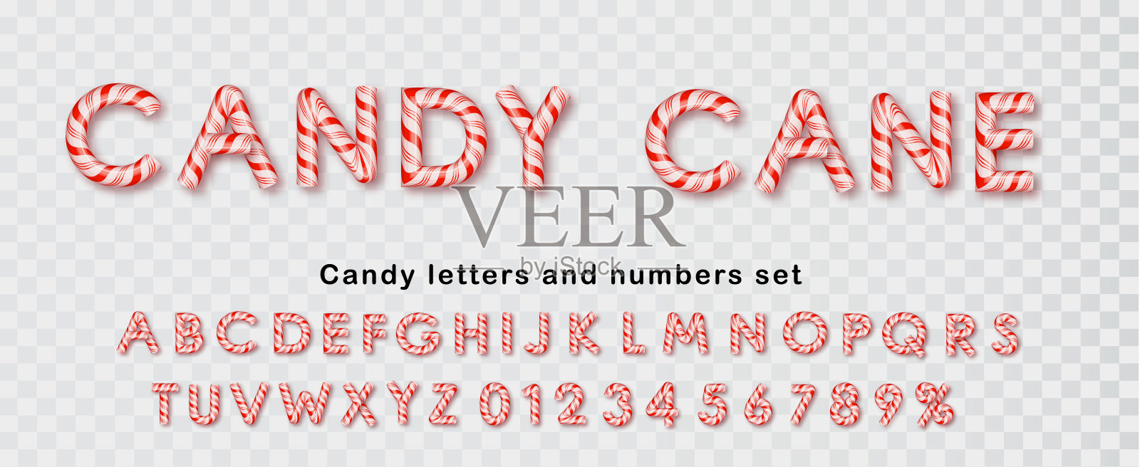 糖果手杖字体，字母和数字。圣诞套装焦糖字母。插画图片素材