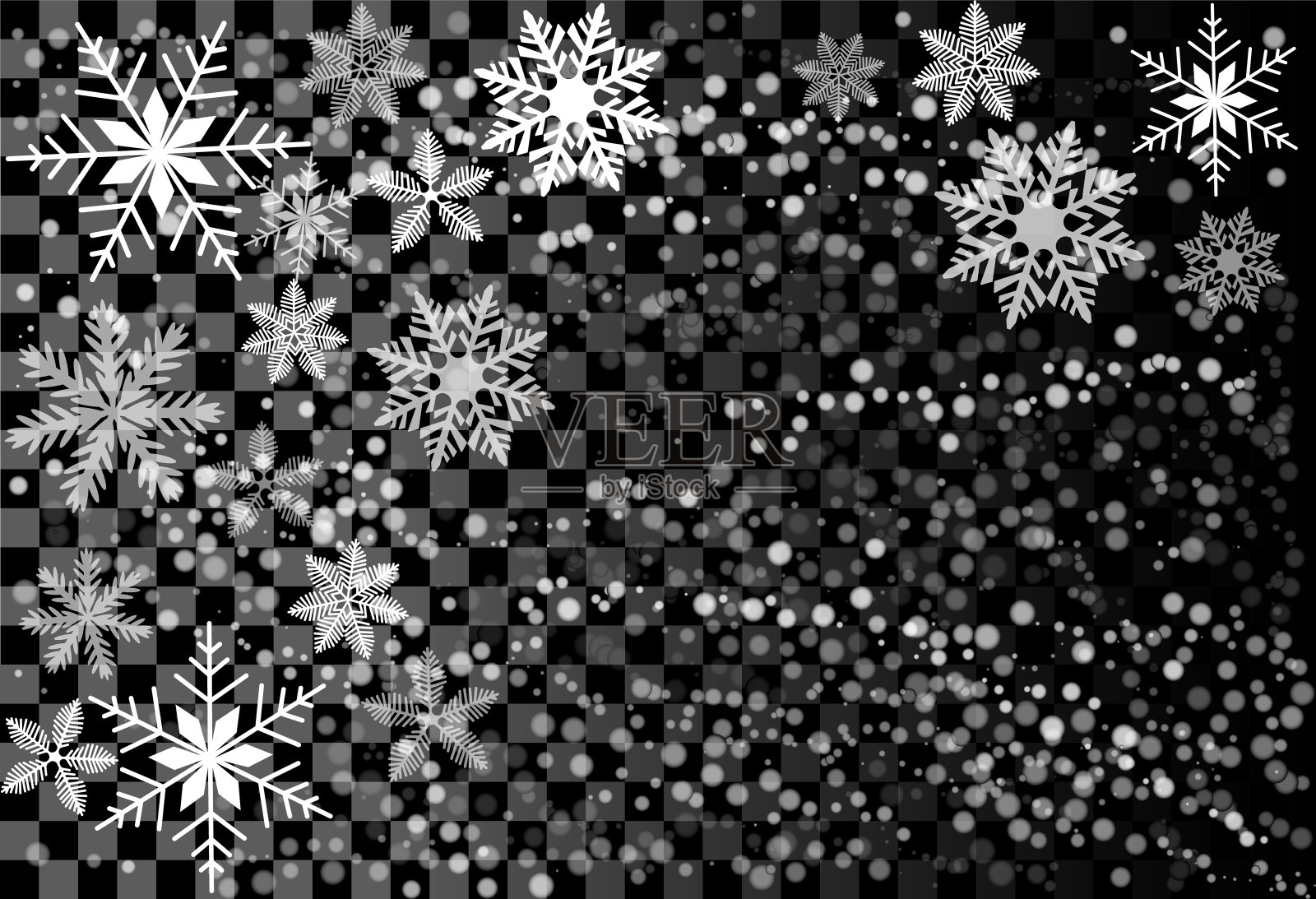 可爱的雪花插图。冬季斑点冻粒。降雪天空白色蓝绿色透明背景。散落的雪花十二月主题插画图片素材