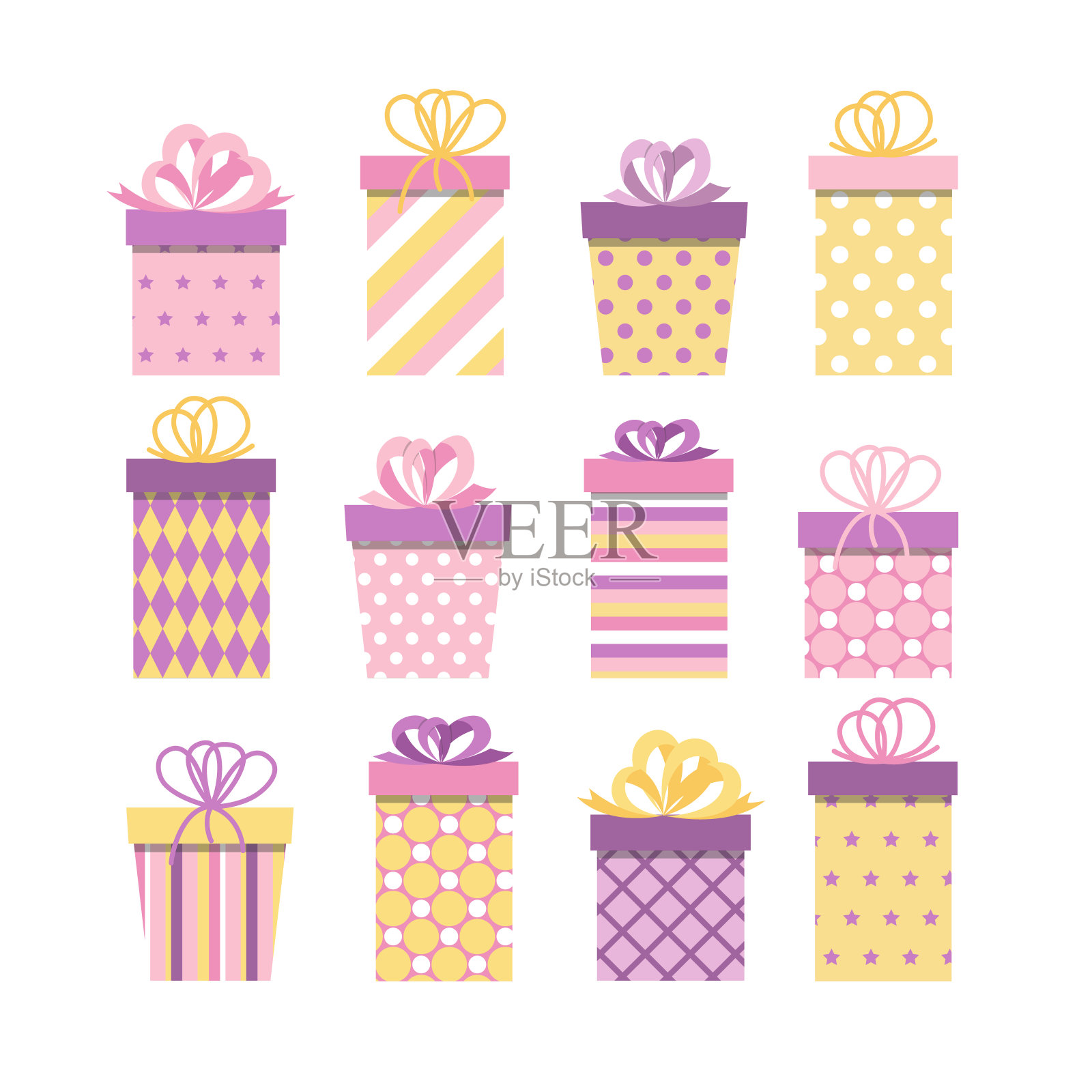 一套黄粉紫礼品盒。赠送有格子、条纹、圆点和蝴蝶结的礼盒。平面，卡通，矢量插画图片素材