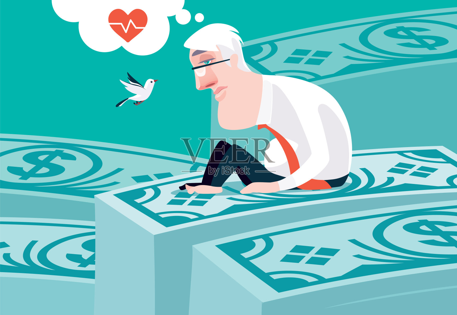 高级商人坐在一叠钞票上，想着医疗保健插画图片素材