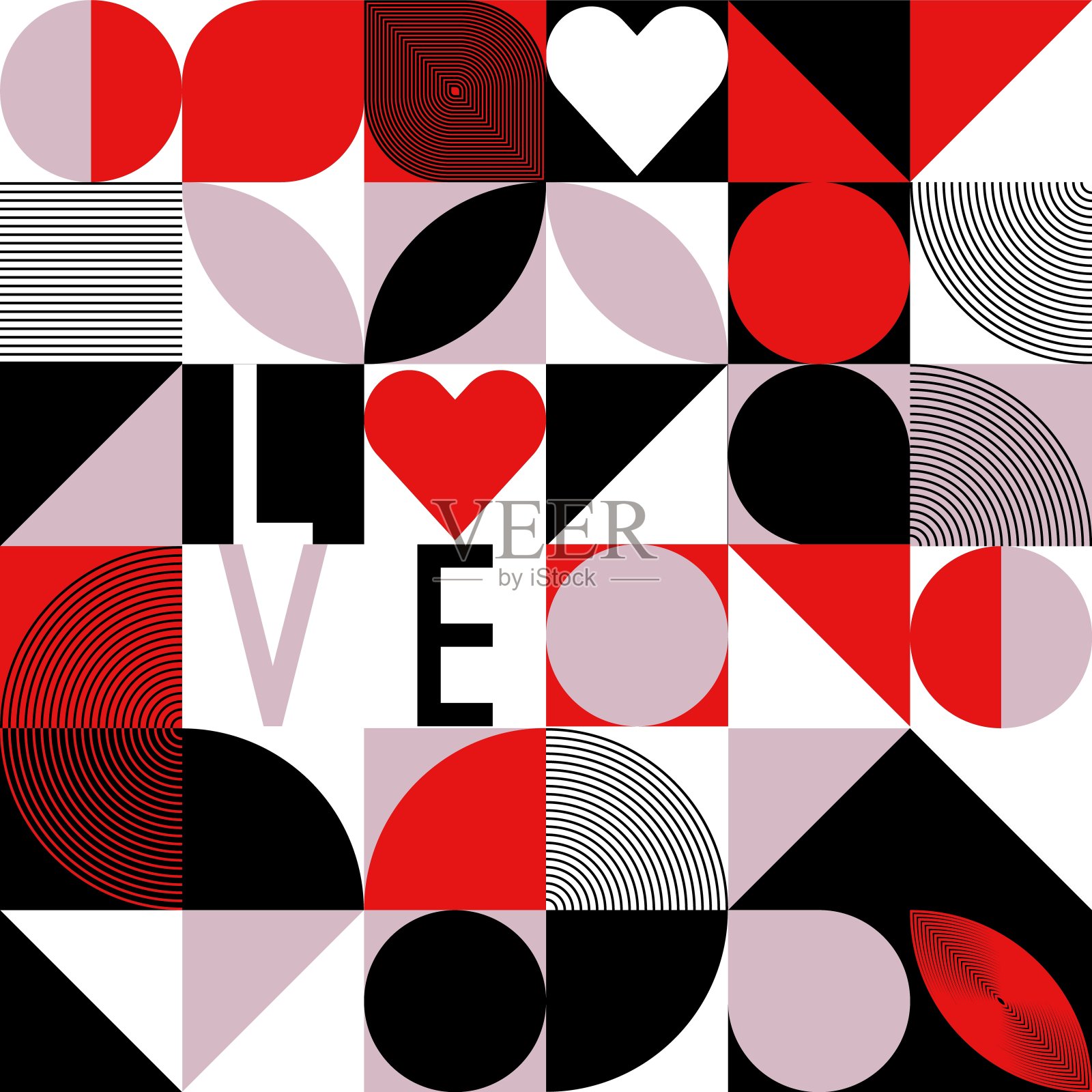 抽象几何包豪斯无缝图案。心、爱、文字等原始形态、形状。现代扁平风格。原始向量图插画图片素材