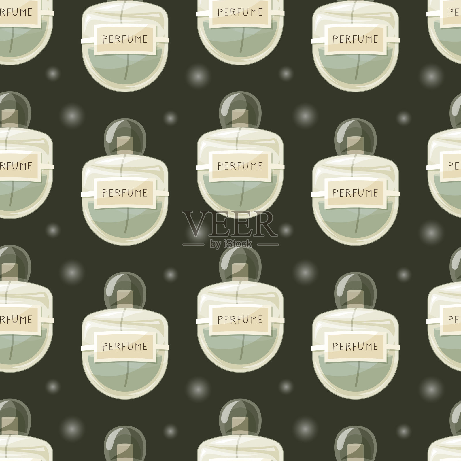 玻璃优雅的瓶子芳香的香水。矢量无缝图案，卡通绿色香水。插画图片素材