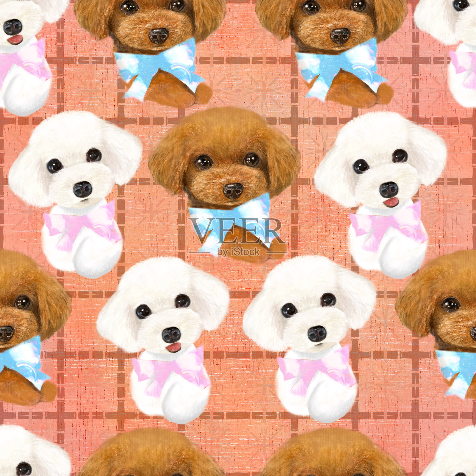 无缝图案插图的玩具贵宾犬穿着丝带和方格背景插画图片素材