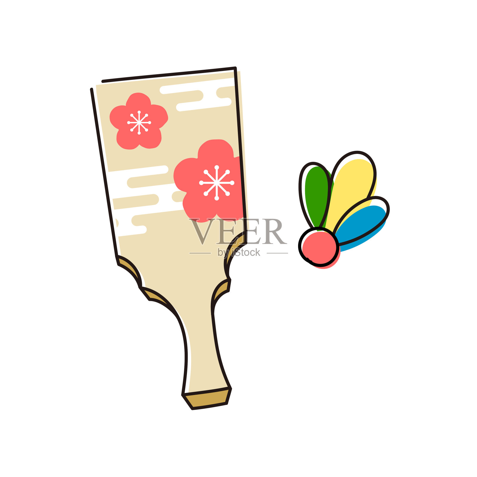 手写的新年贺卡材料与hagoita和羽毛插画图片素材