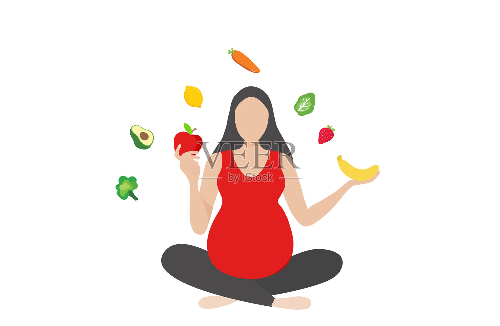 孕妇吃健康食品矢量插图：母亲呵护理念插画图片素材