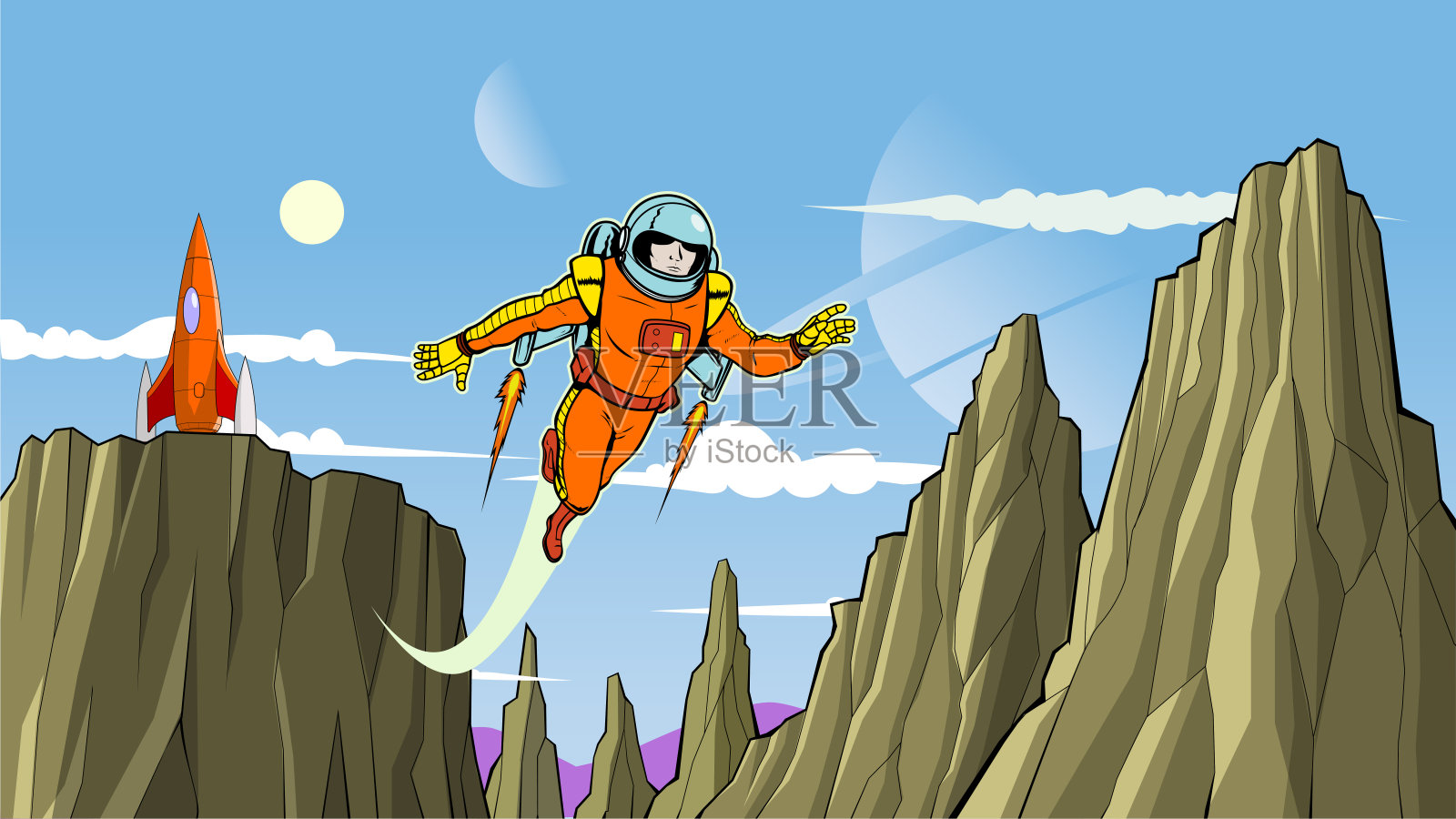 矢量复古宇航员与喷气背包探索一个星球上的喷气背包股票插图插画图片素材