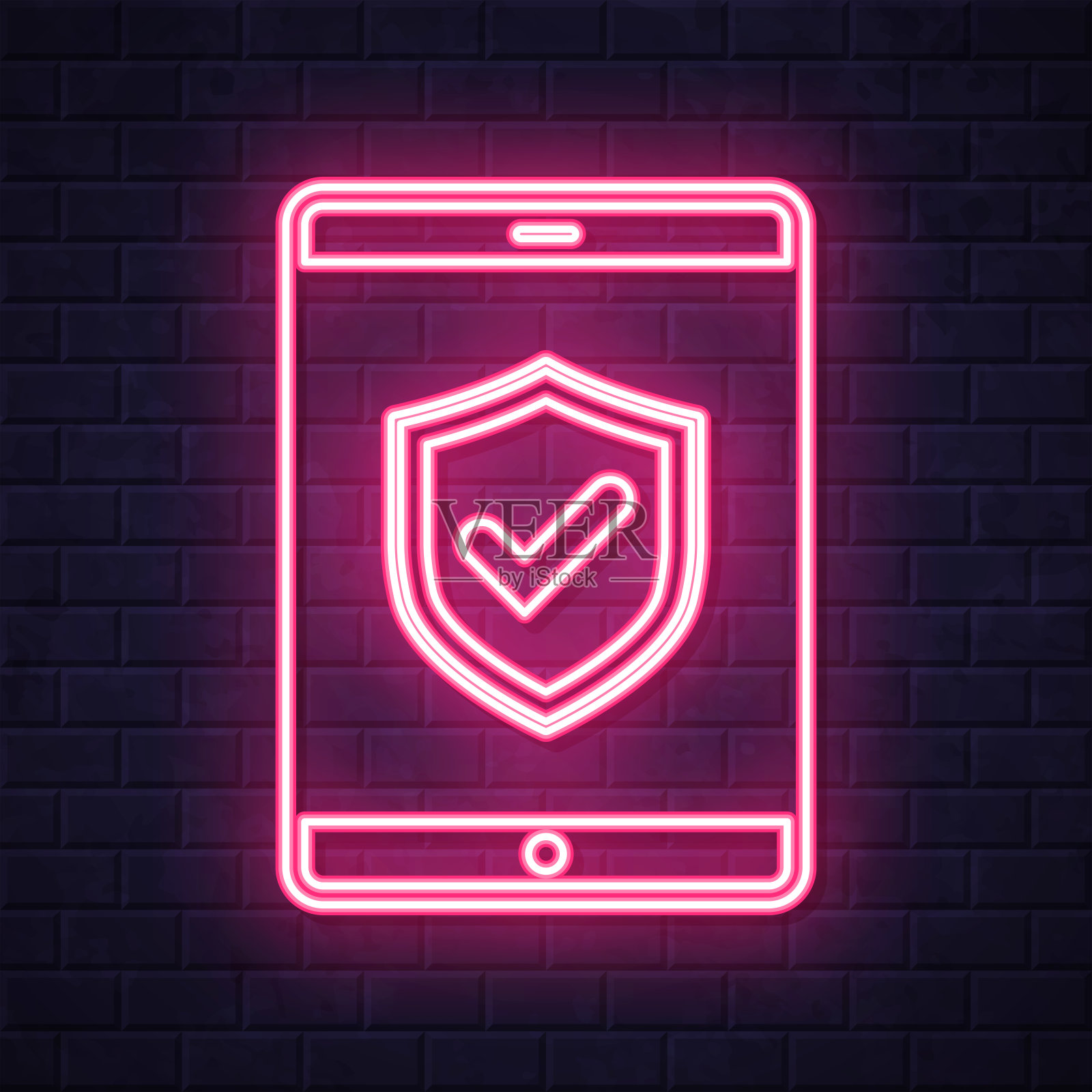 安全平板电脑。在砖墙背景上发光的霓虹灯图标插画图片素材