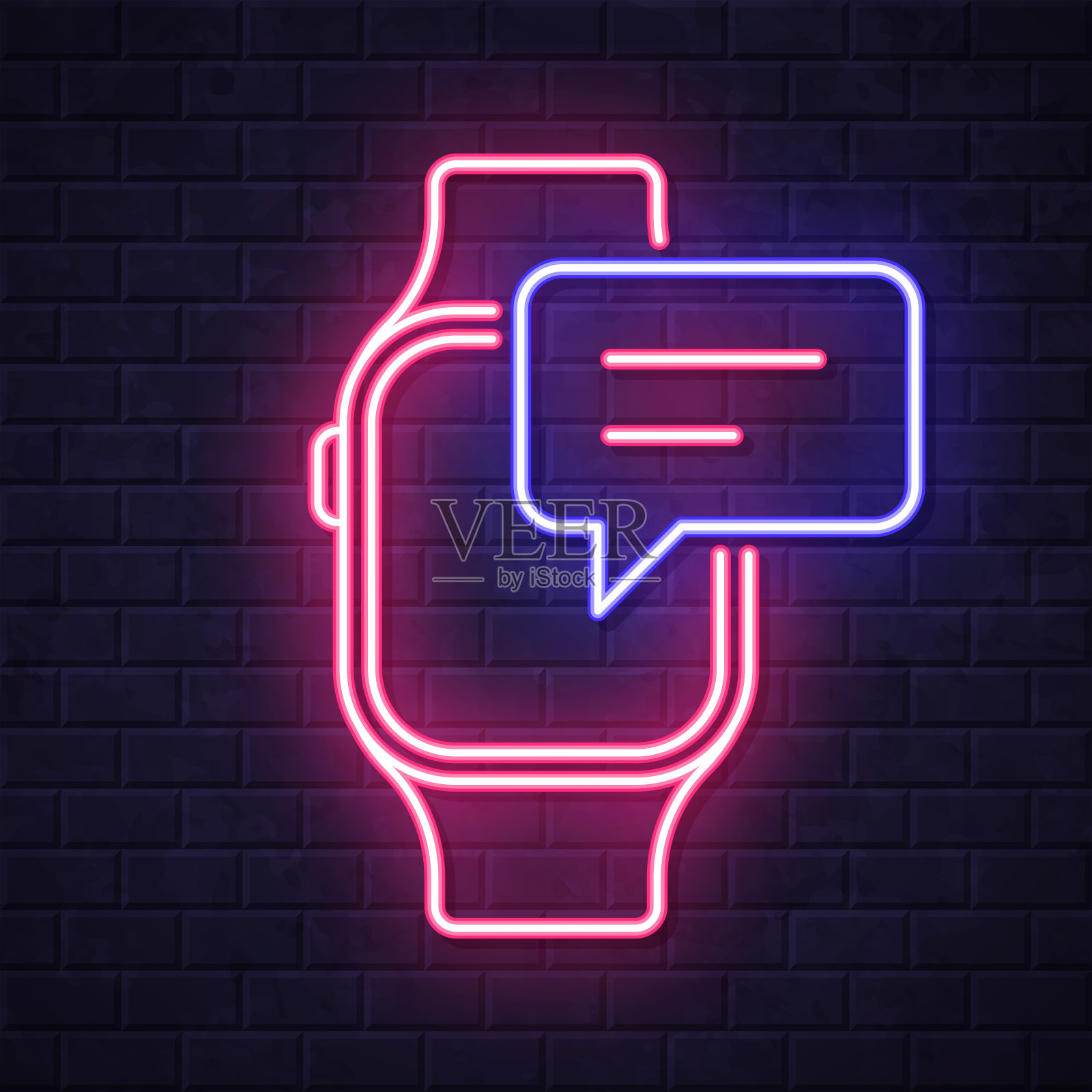 带语音泡泡的智能手表。在砖墙背景上发光的霓虹灯图标插画图片素材