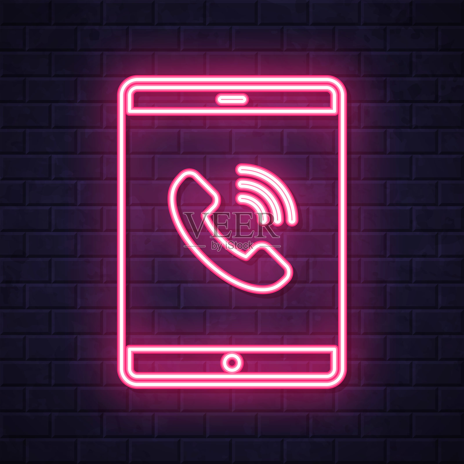 平板电脑与来电。在砖墙背景上发光的霓虹灯图标插画图片素材