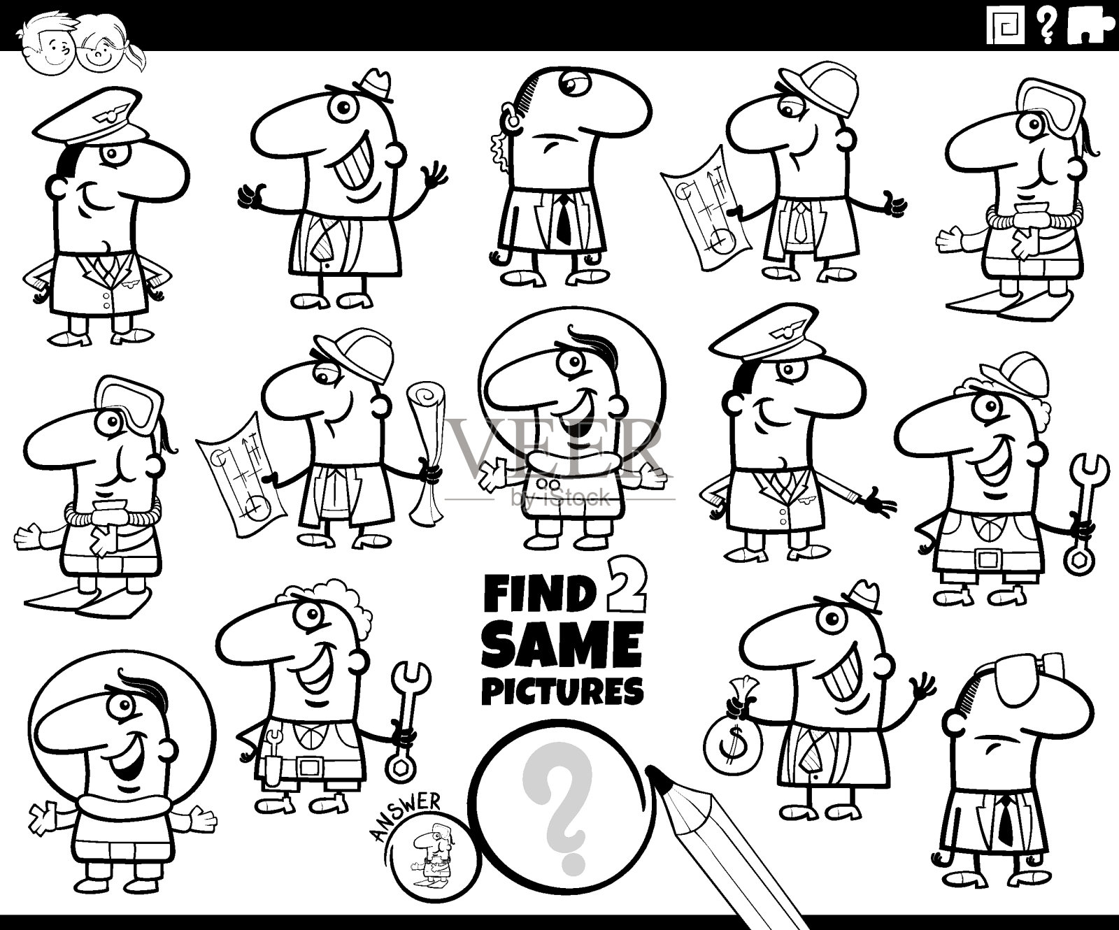 找到两个相同职业的游戏着色页插画图片素材