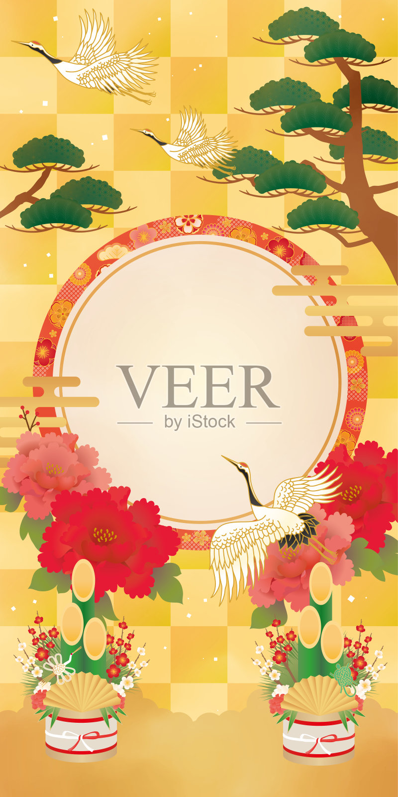 日本图案新年背景，金屏风和鹤插画图片素材