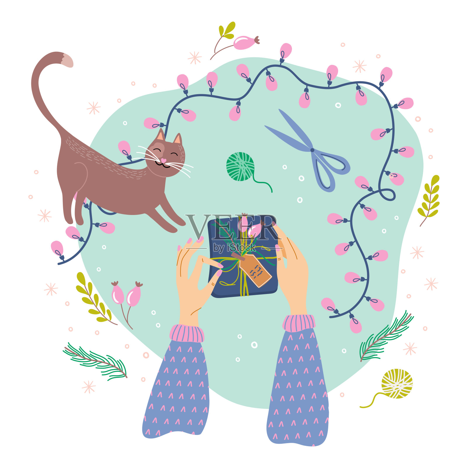 双手包装礼盒。手工设备和猫放在桌子上，俯视图。寒假准备。可爱的圣诞或新年作文。手绘平面风格矢量插图。插画图片素材