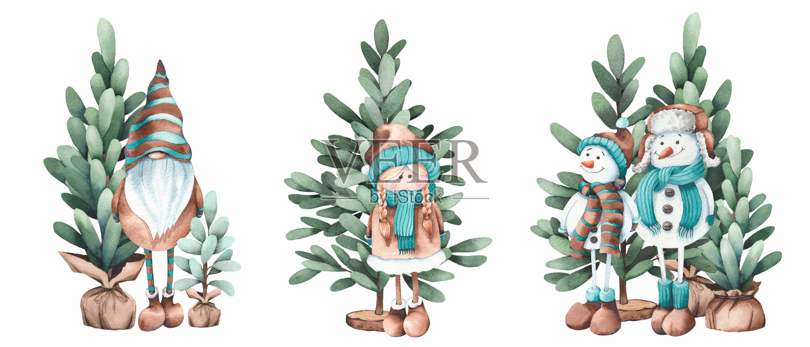 水彩圣诞卡通和松树。插画图片素材